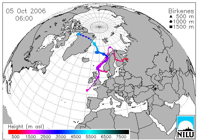 Figur 6-7 viser trajektorier for en av de tre prøvene tatt på Birkenes med PBB-153- konsentrasjon under deteksjonsgrensen med luft tilført fra Atlanteren, Vest-Europa med Skandinavia samt Grønland.