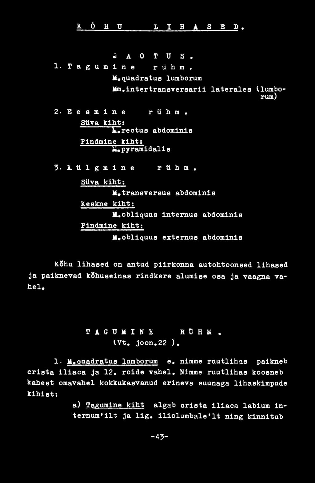 paiknevad kõhuseinas rindkere alumise osa ja vaagna vahel. T A G U M I N E a Ü H M «m. joon.22 ). 1. M 0 qaadratus lomborum e.