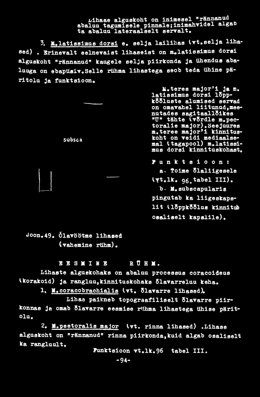 kinnituskoht on veidi mediaalsemal к tagapool) m.latissimus dorsi kinnituskohast. F u n k t s i o o n! a- Tolme õlaliigesele ^Tt.lk. 96.tabel III). b- M.