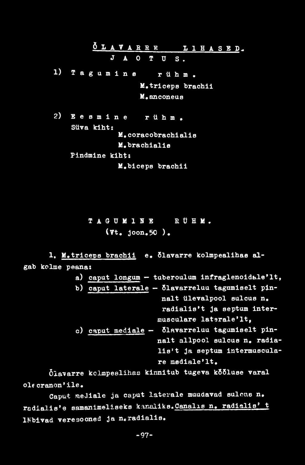 õlavarre kolmpealihae algab kolme peana: a) caput longum tuberoulum infraglenoidale*it, b) caput laterale õlavarreluu tagamiselt pinnalt ülevalpool sulcus n, radialis't ja septum intermusculars