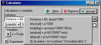 הכנה לקליטת הנתונים בחלון ה Calculator- רשומות הנוסחאות הדרושות לתצוגת הגרפים השונים (תמונה 7). תמונה 7: חלון החישובית - מרחק התזוזה של חישן הסיבוב במילימטרים.