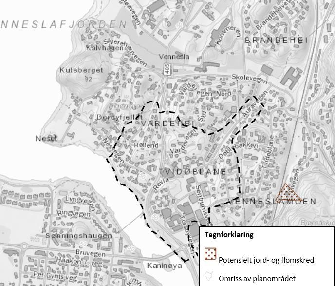 10 Figur 2: Potensielt jord- og flomskred er lokalisert få meter sør-øst for planområdet. Kilde: ngi.no, 2017 Vennesla er lokalisert langs Otra. NVE har ikke gjort flomberegninger i dette området.
