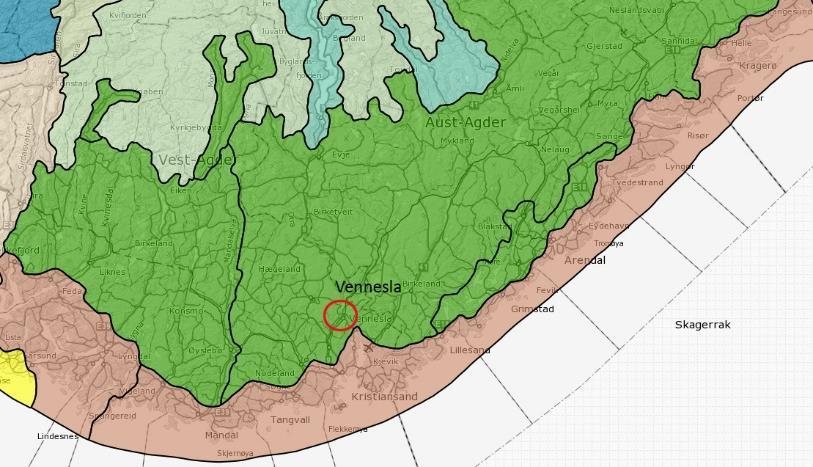 30 Figur 17Bildet viser en oversikt over landskapsregionen. Mørk grønn farge viser "Landskapsregion 05 Skog og heibygdene på Sørlandet". Svart tjukk strek viser inndeling i underregioner.