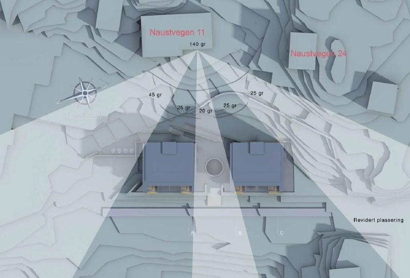 Både Naustvegen 11 og 24 har i dag fritt utsyn mot sjøen. Naustvegen 11 vil bli berørt av begge blokkene, mens Naustvegen 24 i hovedsak berøres av den sørligste blokken.