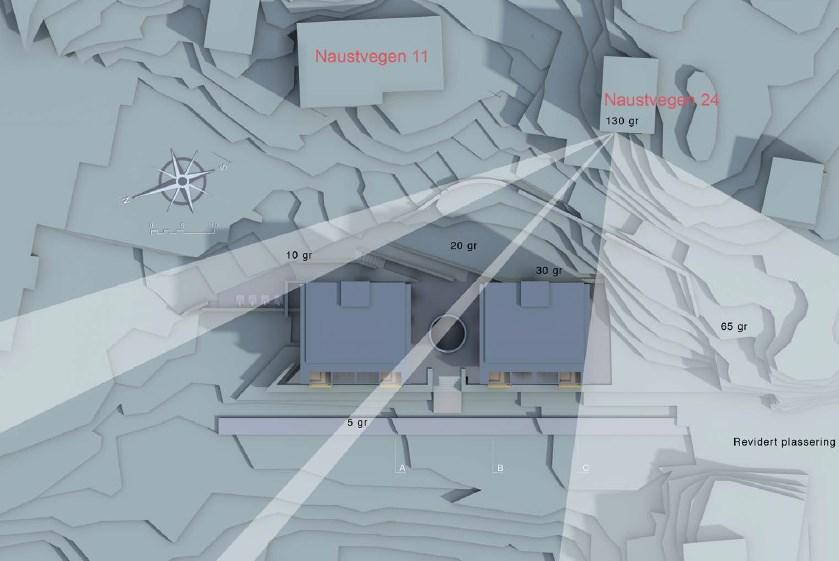 Dette vil gi siktsoner mot sjø for Naustvegen 11 mellom byggene. Naustvegen 24 vil ha store deler av sikten bevart mot sørvest.