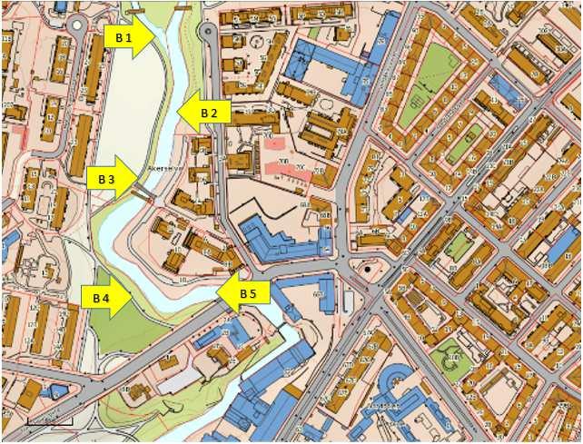 Strekning B - Fra snuplass Lillogata til Treschows gate Sakteflytende strekning med bredde på elva mellom 20 og 25 m. Finsediment og rensket for stein. Mye tegl.