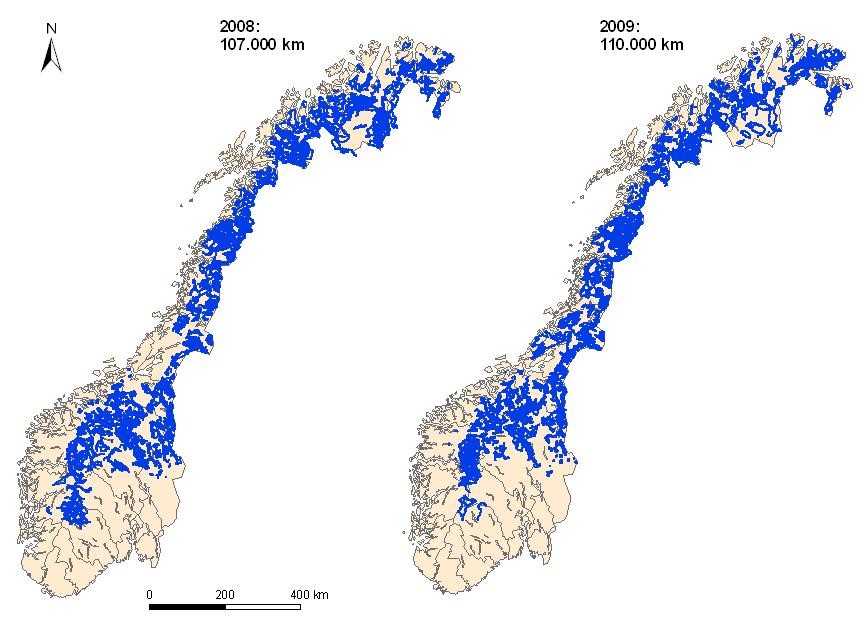 Figur 2. Geografisk fordeling av innsatsen ved yngleregistrering av jerv i Norge i 2008 og 2009.