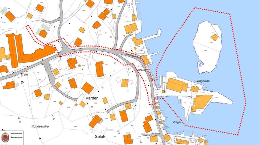 2 Planavgrensning Vestlig del av planen omfatter kommunal vei Vragesløyfen med mulig tilkopling til kvartalslekeplass forbi serviceleilighetene som ligger her.