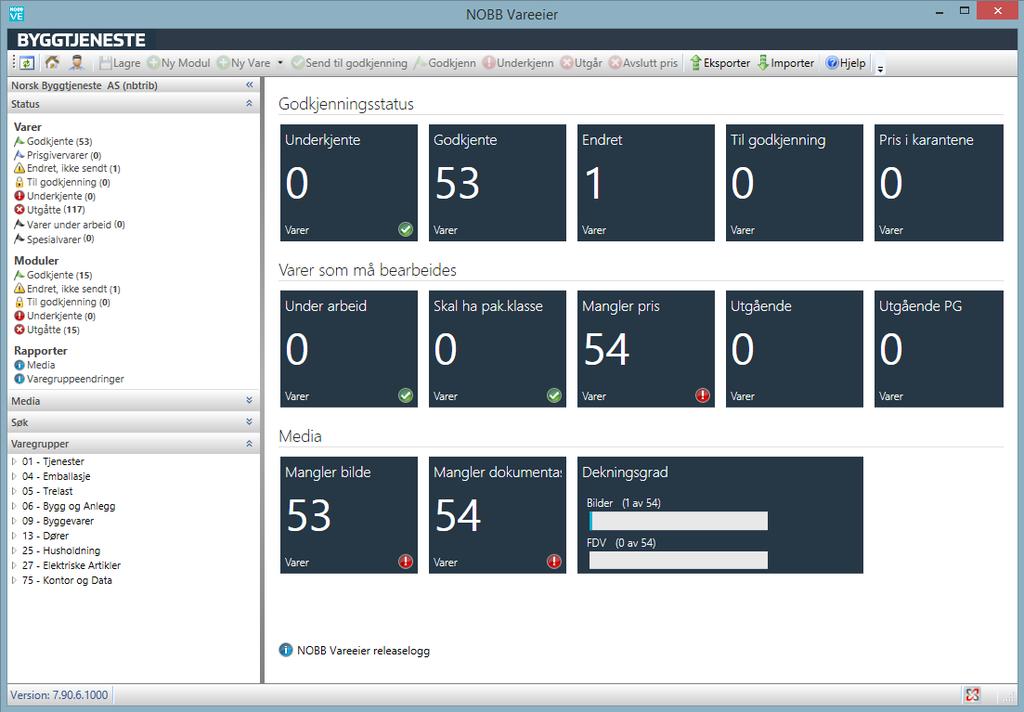 Gjennomgang av NOBB for vareeier 5.1 Vareeiers åpningsbilde Etter installasjonen og påloggingen vises dette bildet.