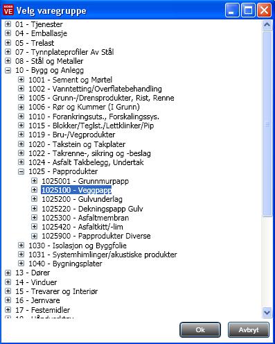 Det kommer nå opp en liste med alle Overgruppene i NOBB. Velg riktig overgruppe, velg så hovedgruppe og til slutt marker varegruppen og trykk OK.