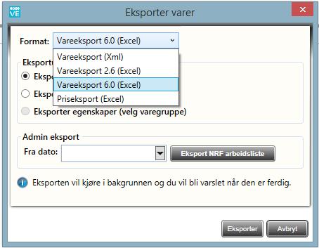 Vareeksport og import fra/til NOBB Eksport er en funksjon hvor vareeier kan eksportere ut informasjon som er registrert på varene.