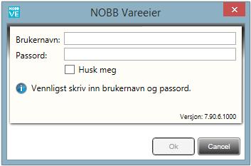 2.1 Pålogging Etter å ha installert NOBB for Vareeier, logger man seg på via innloggingsboksen: Tips:Om dere limer inn Passord, må det trykkes en gang på TAB tasten, for å gjøre Ok knappen aktiv