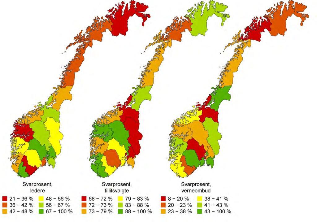 Det er 203 personalledere som har svart (47 %), 604 tillitsvalgte fordelt på 334 kommuner (78 % av kommunene er representert) og 142 verneombud (33 %).