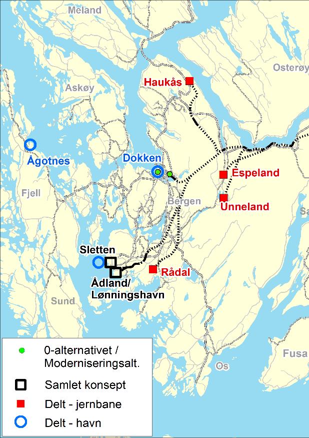 Konsept Gjenværende konsepter og lokaliseringsalternativer Lokalisering 0-alternativet Dokken og Nygårdstangen Moderniseringskonseptet [1] Dokken og Nygårdstangen Samlet