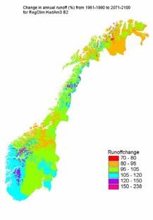 Figur 1. Endring i årsavløpet fra 1961-1990 til 2071-2100 basert på utslippsscenarier HadAm3H og SRES B2 (venstre) og ECHAM (høyre).