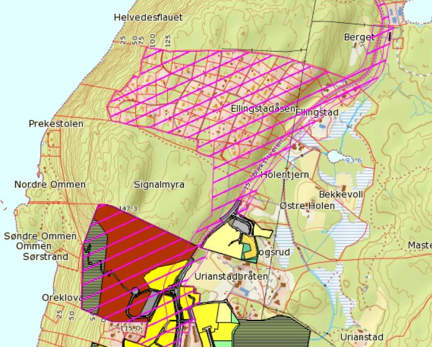 Figur 2. Gjeldende reguleringsplaner i søndre del av planområdet. Varslet reguleringsarbeid er vist med rosa skravur. Kilde: Follokart 21.06.