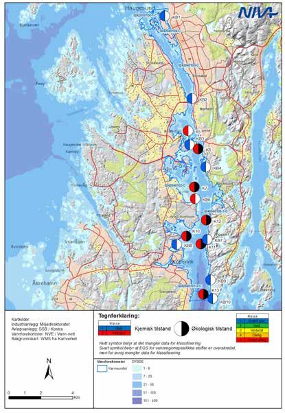 Figur 7. Oversikt over økologisk og kjemisk tilstand for alle stasjoner. Klassifiseringen er gitt for både blåskjell (stasjoner med KB) og sedimenter (stasjoner med K).