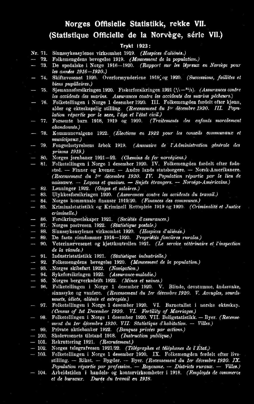 III. Population répartie par le sexe, rcige et l'état civil.) - 77. Forsømte barn 98, 99 og 90. (Traitements des enfants moralement abandonnés.) - 78. Kommunevalgene 9.