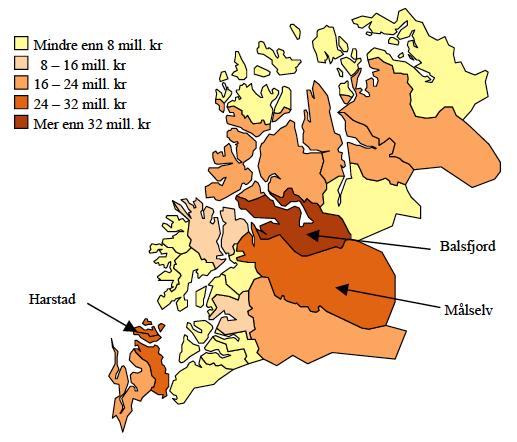 Som vi ser av figur 3 er det klare geografiske forskjeller på hvilken samfunnsmessig betydning landbruket har i de ulike vannområdene.