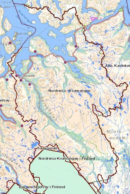 Figur 2.3 Viser lokaliseringen av de større drikkevannsuttakene i vannområdet Nordreisa-Kvænangen. Det er under utredning en rekke nye vannkraft-utbygginger.