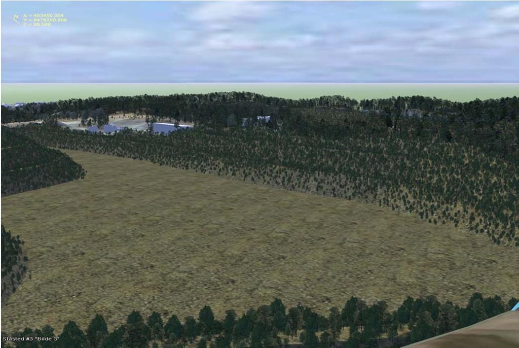 Utsnitt av 3D-modell sett fra industriområde i nord, samme standpunkt som bildet over.