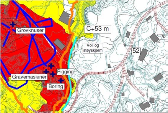 Støyberegningene viser at vollen mellom pukkverksområdet og industritomta har liten skjermingseffekt mht. støy.