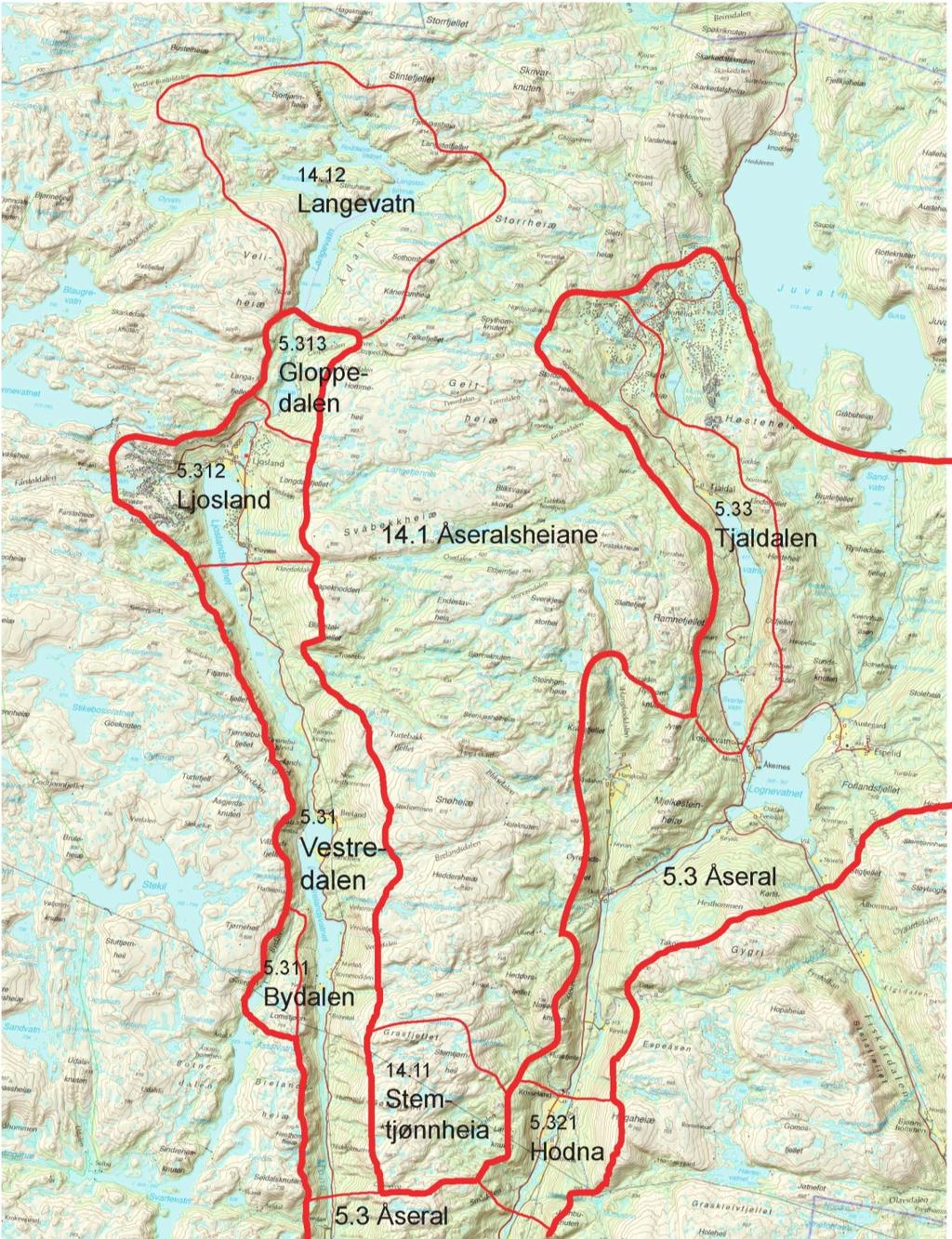 Figur 6-2. Underregioner (tykk, rød strek) og enhetlige landskapsområder (tynn, rød strek).