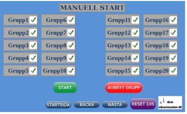 Manuell Start: Her kan du starte en manuell foring, ved å velge de gruppene som skal fores manuelt. Når man trykker på skjermen, kommer en grønn hake frem ved valgt gruppe.