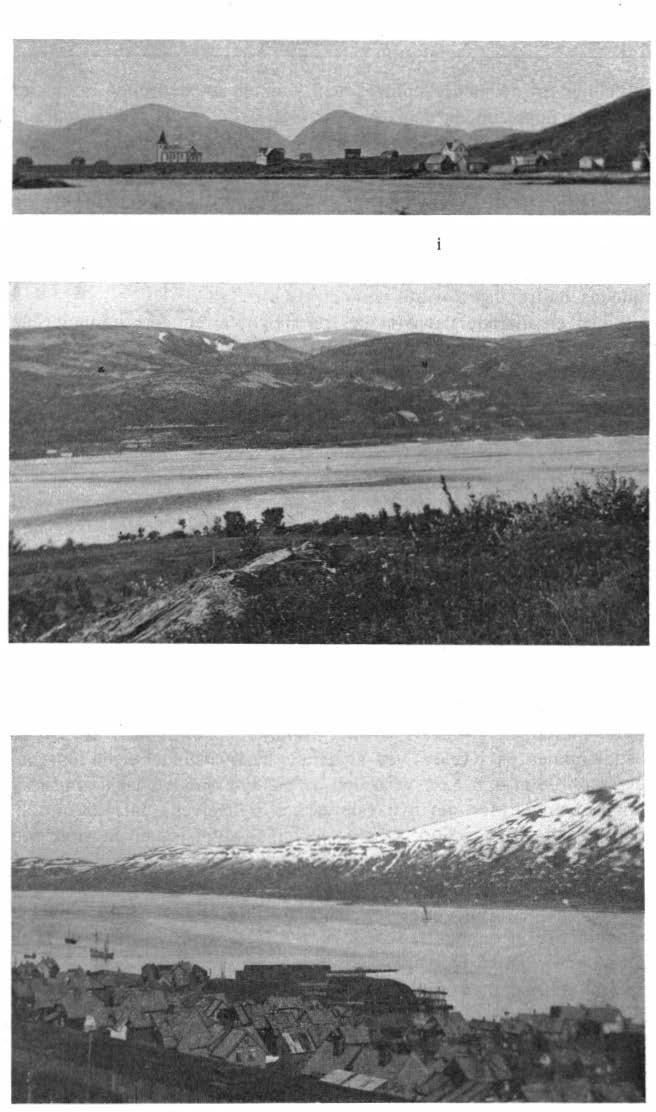 Fig. 3. Helgøy kirkested med N. Kvaløy bakgrunnen. Gr. fot. Fig 4. Slettaelvens dal sett fra Tromsøy. 2 x markerer sidemorene linjen 220 m o. h.