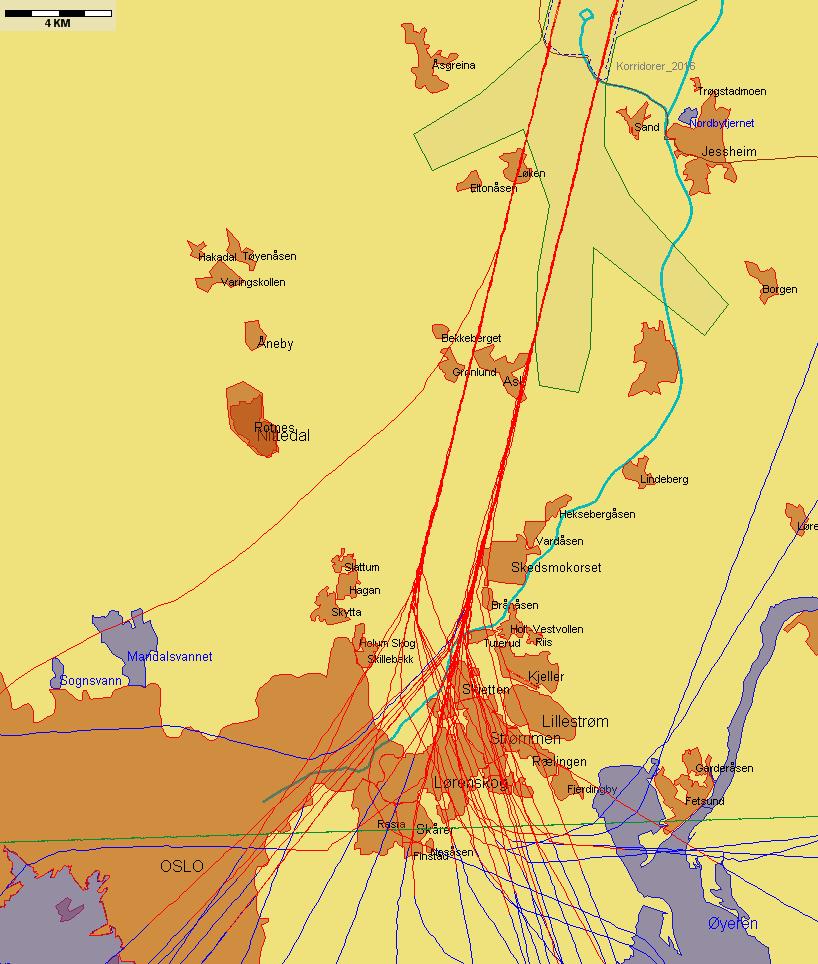 Jetflylandinger fra sør med lav høyde sør for N 59 55 00 Figur 8.