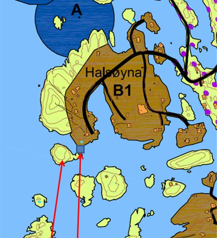 B.1.3 Halsøy Slottet er allerede landfast og kan farges brunt. Holme øst før B1(GBNR6716) er bebygget med bolig. Farges brun.