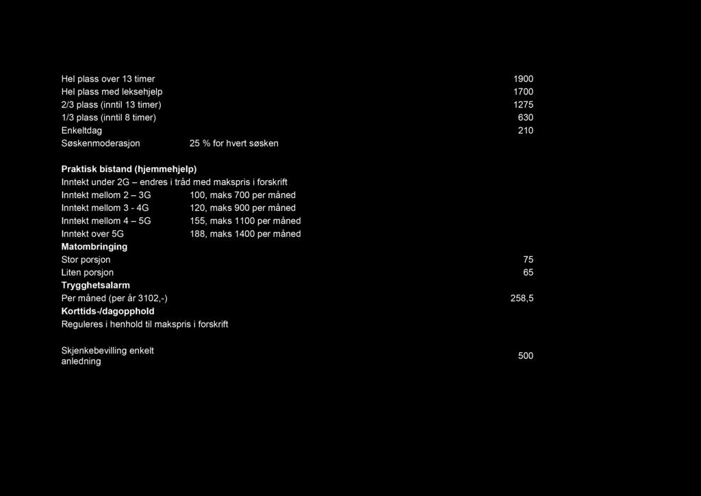 Betalingssatser SFO Hel plass over 13 timer 1900 2010 5,80 % Hel plass med leksehjelp 1700 1799 5,80 % 2/3 plass (inntil 13 timer) 1275 1349 5,80 % 1/3 plass (inntil 8 timer) 630 667 5,80 % Enkeltdag