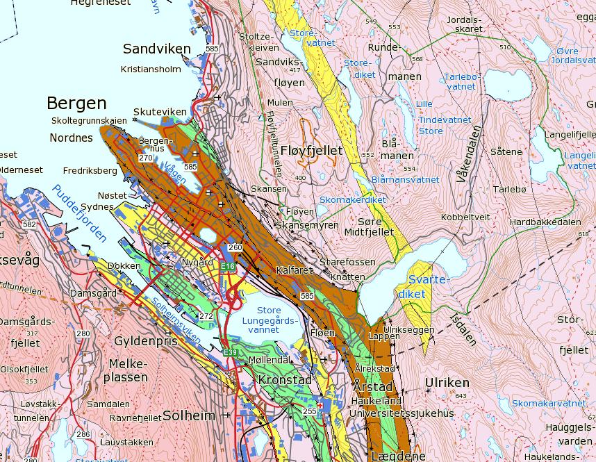 2.2. Grunnforhold 2.2.1. Løsmasser Eksisterende bebyggelse antas å være fundamentert på berg, eller på et tynt avrettingslag av sprengstein over berg.