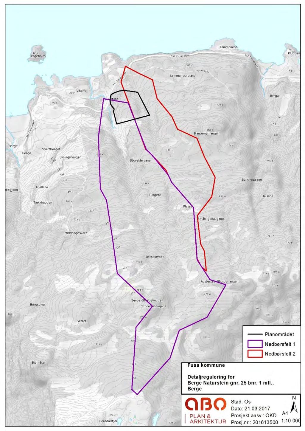 5.5 Vassdrag og nedslagsfelt Det renn to bekkar i utkanten av planområdet. Vest for planområdet følgjer bekken daldraget og kryssar under Fv 552.