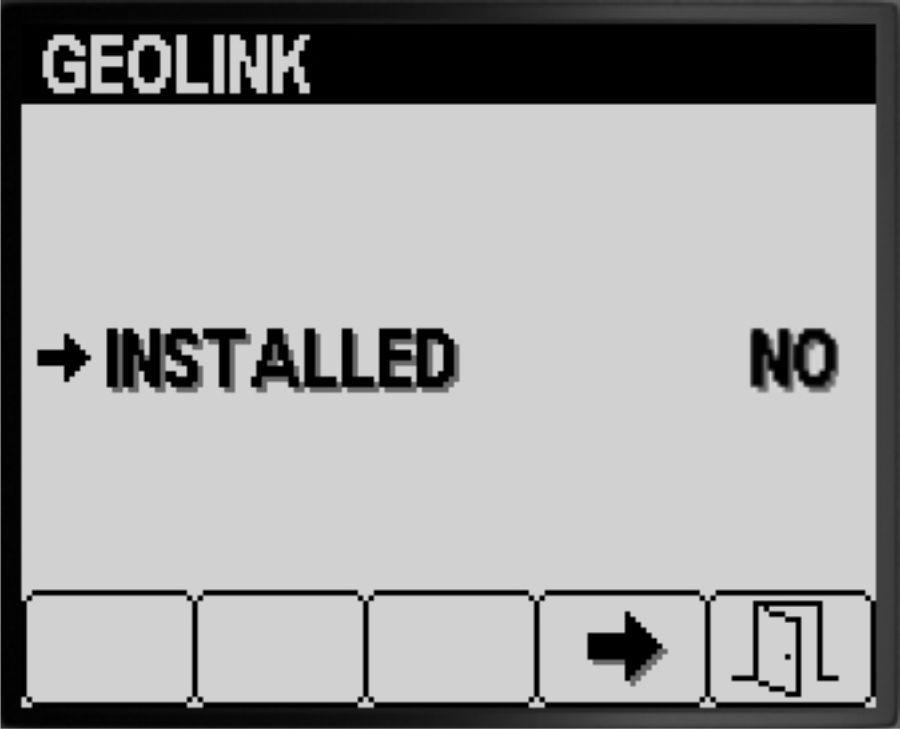 Figur 36 g191703 g191701 2. Trykk på knapp 4 for å velge oppføringen GeoLink (Figur 36). 3. På GeoLink-menyen trykker du på knapp 4 for å velge Ja-alternativet, eller trykk på knapp 4 for å velge Nei-alternativet.