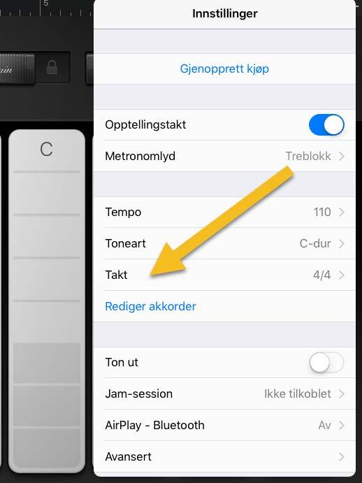 Før vi setter i gang med opptak må vi ha korrekt tempo og taktart for låten.