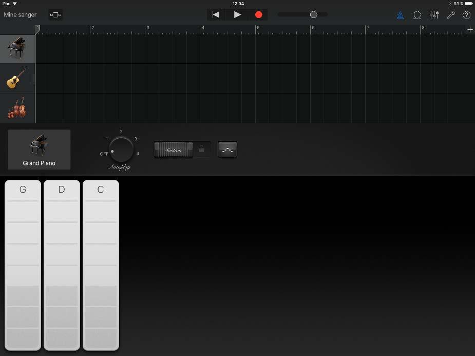 OPPTAK Nå har du laget 3 ulike instrumentspor og er klar for å gjøre et opptak. (Slapp av, dette kan enkelt slettes og gjøres på nytt) Øverst midt på skjermen finner du 3 knapper samt en volumstripe.