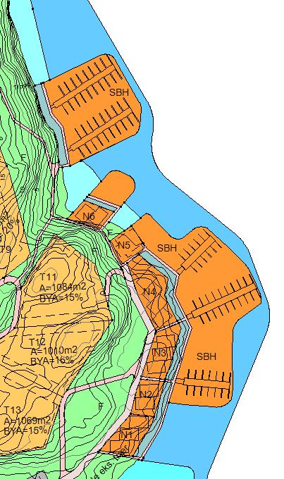 3.3.2 Flytande bryggjer kan byggjast i tre, metall eller betong. 3.3.3 Flytebrygger er ikkje synt i plankart, men kan bli bygd med slik storleik- lengde og antall båtplasser som framgår i illustrasjonsskisse i føresegna.