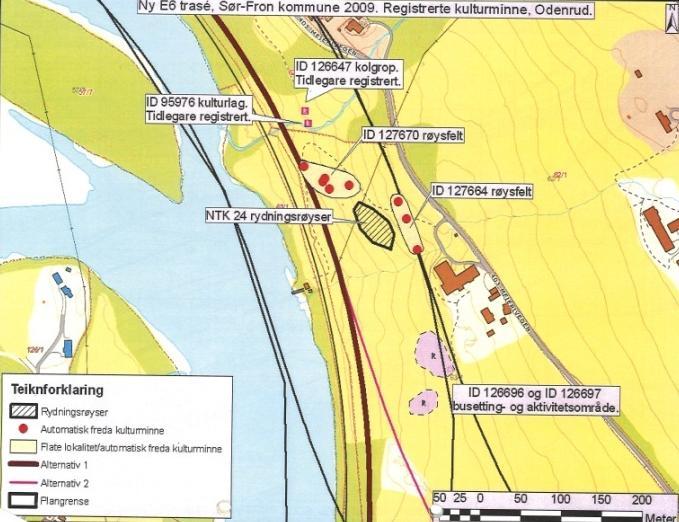 Fornminner: Funnene etter sjakting på Odenrud gnr 63/1 består av bosetningsspor og fordeler seg på to ulike lokaliteter (id 126696 og 126697).