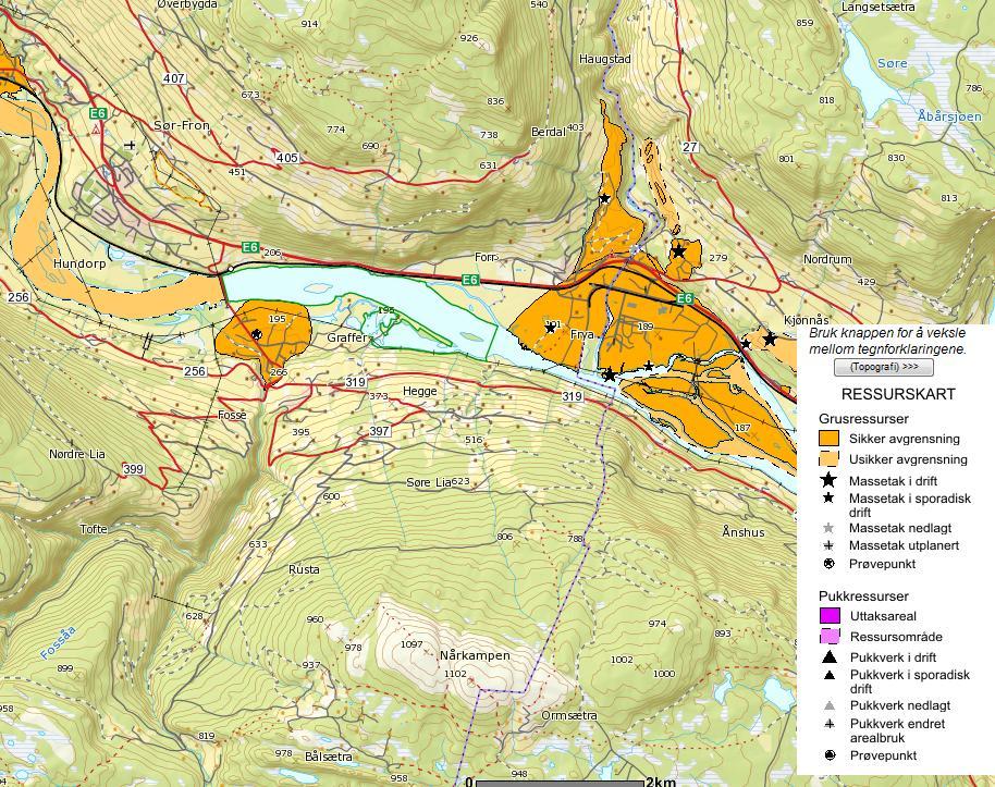 6.4.5.3 Geologiske ressurser Det er ingen registrerte forekomster av drivverdige mineraler eller naturstein i planområdet. Figuren under viser grusressursene som er registrert i området.