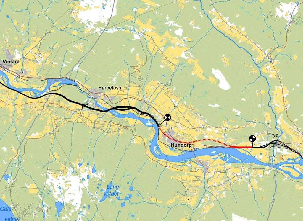 5 BESKRIVELSE AV STREKNINGEN FRYA - ODENRUD 5.1 Ny E6: Utforming av veganlegget Figur 9 Ny E6 parsell Frya - Odenrud markert med rødt.