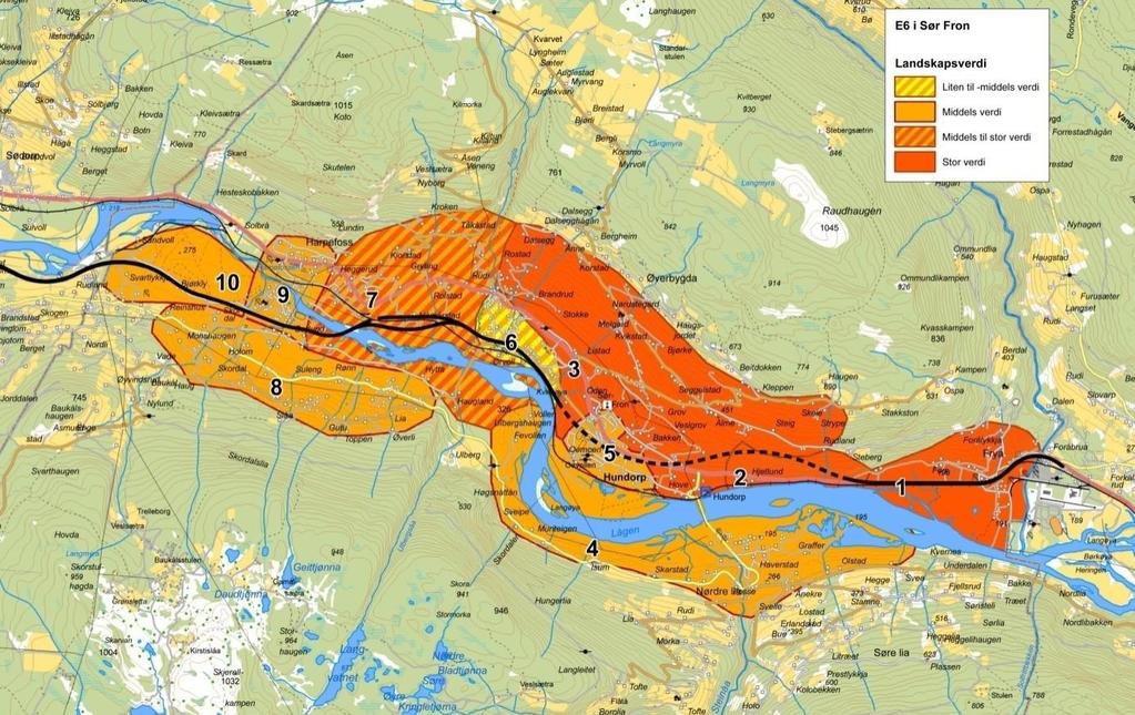 Landskapsverdi Ved verdivurderingen av landskapsbildet ved planområdet i Sør-Fron er området delt inn i 10 delområder (se kart), hvorav 1 og 3 er direkte berørt av inngrep, mens 2, 4 og 5 blir