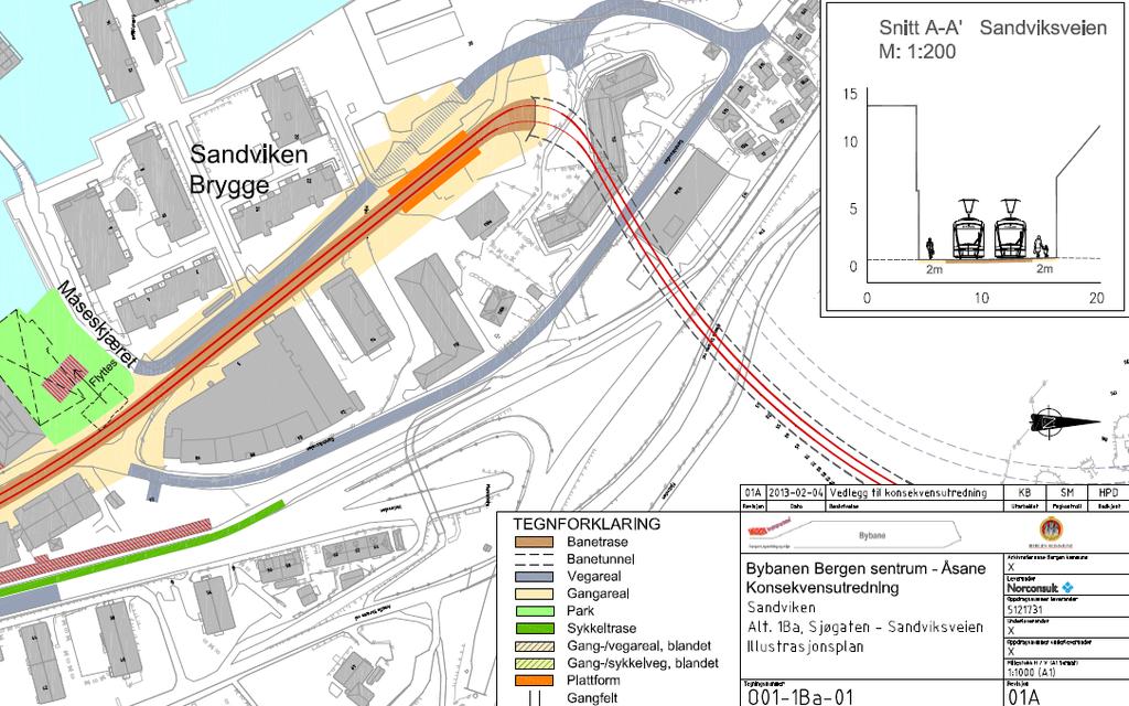 Figur 2 Utsnitt kart som viser plassering av bybanestopp, innslag bybanetunnel og innslag tunnel for ny kjøreadkomst planområdet.