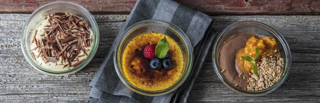 DESSERTER/ FRUKT PORSJONSDESSERTER Crème Catalan med Ceylon kanel og appelsin (Allergener: melk, egg) Valrhona sjokolademousse med bakt hvit sjokolade, multer med timian og sitron (Allergener: egg,