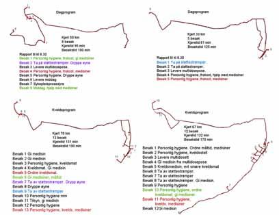 Figur 5: Eksempel på program i kommune B, dag og kveld i en sektor. Kartene har samme målestokk. Besøk med fargekode får to eller flere besøk hverdag.