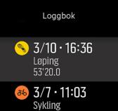 MERK: Loggikonet forblir grått inntil Move er synkronisert med Suunto Movescount. For å gå ut av loggen sveip til høyre eller hold midtre tast nede.