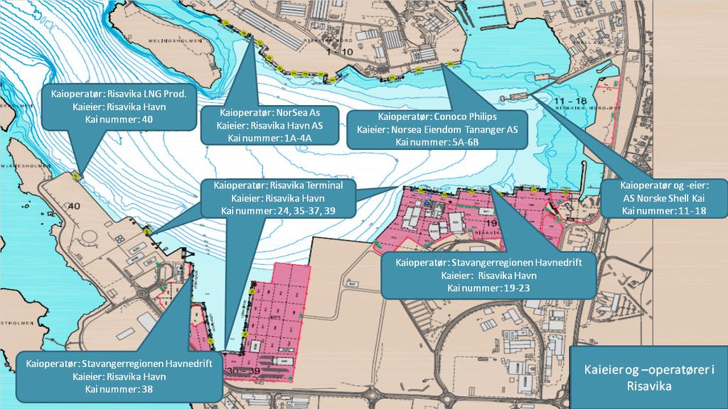 Risavika: utviklingstrekk og status 3.2 OVERSIKT OVER DAGENS VIRKSOMHET I RISAVIKA Risavika består i dag av syv havneanlegg fordelt på tre kaieiere og seks kaioperatører.