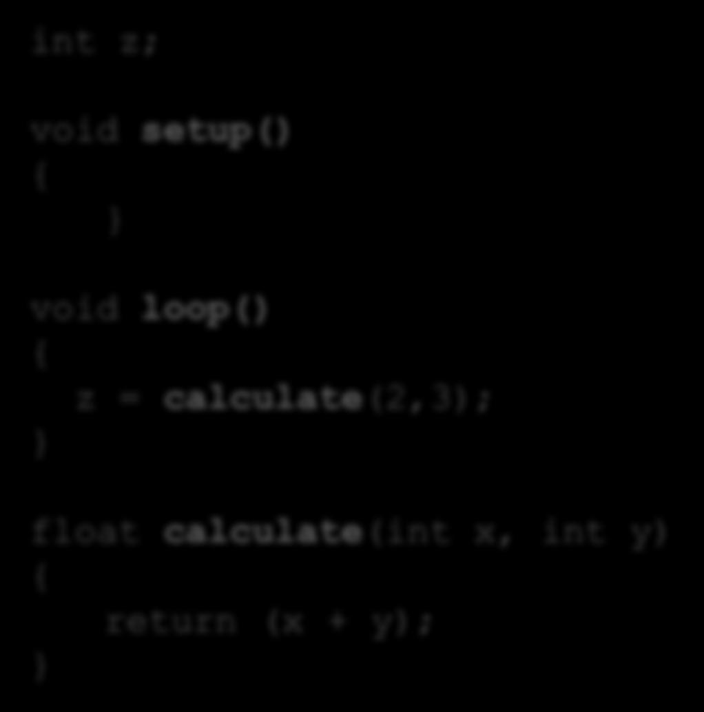 Bruk av funksjoner int z; void setup() { } void loop() { z =