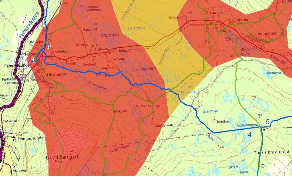 Friluftsliv Snøskuterløype nr.4 går gjennom registrert A svært viktig og B viktig friluftsområde. Foreslått skuterløype vil krysse skiløype. Dette kommer fram av kart under.