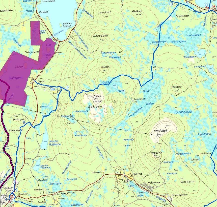 Verneområde Ingen konflikt. På vestsiden av skuterløypeforslaget ligger Galtsjøen naturreservat. Dette vil ikke bli påvirket av forslag til snøskuterløyper.